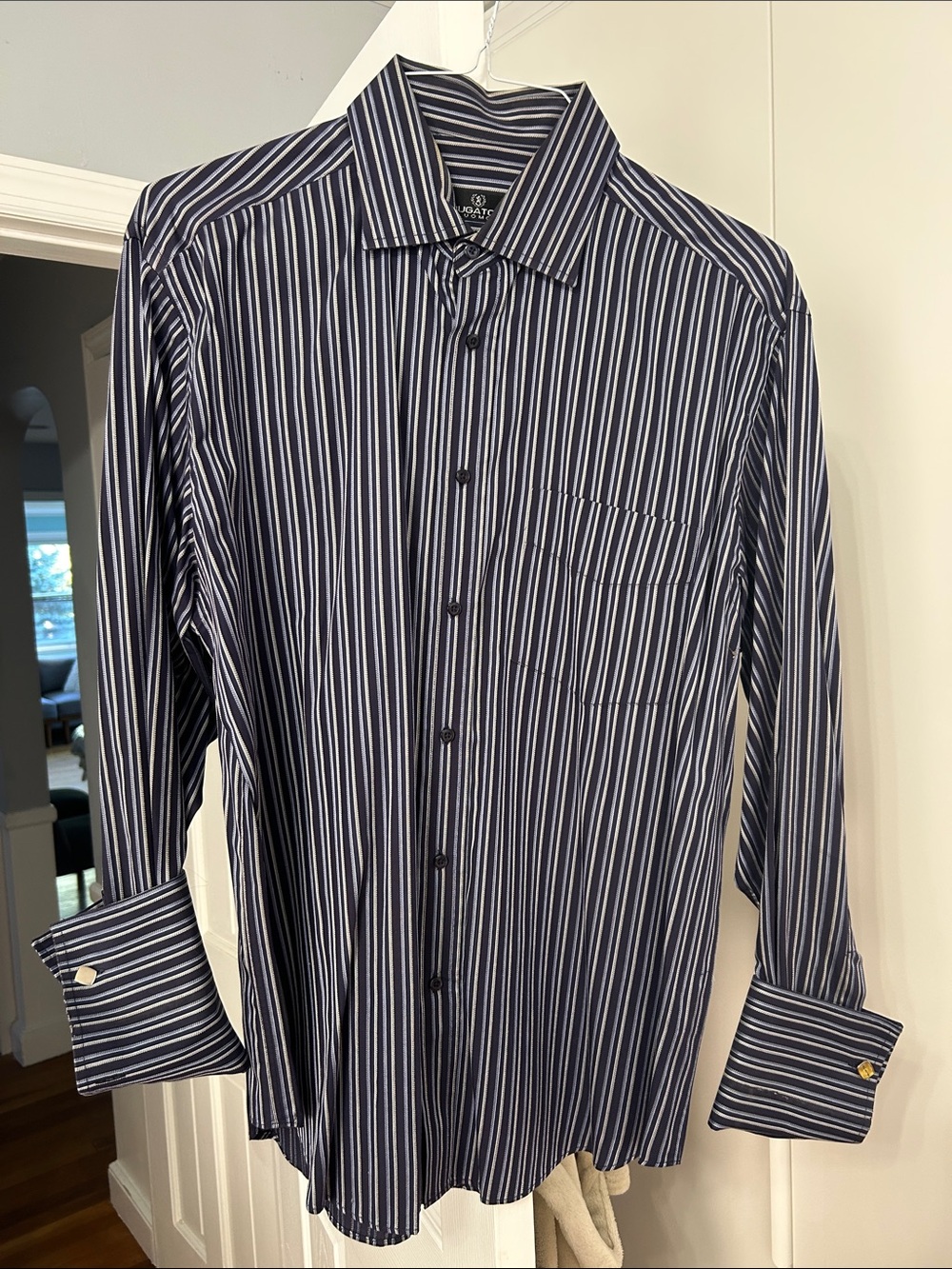 Bugatchi Navy & White Vertical Stripe Dress Shirt